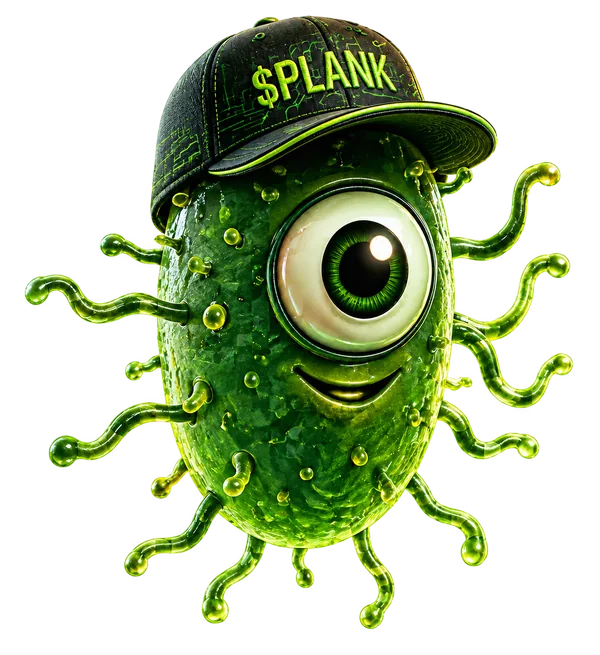 PLANKTON mascot wearing a $PLANK cap