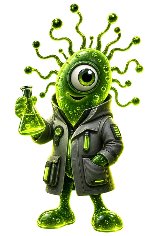 PLANKTON scientist holding a glowing formula flask
